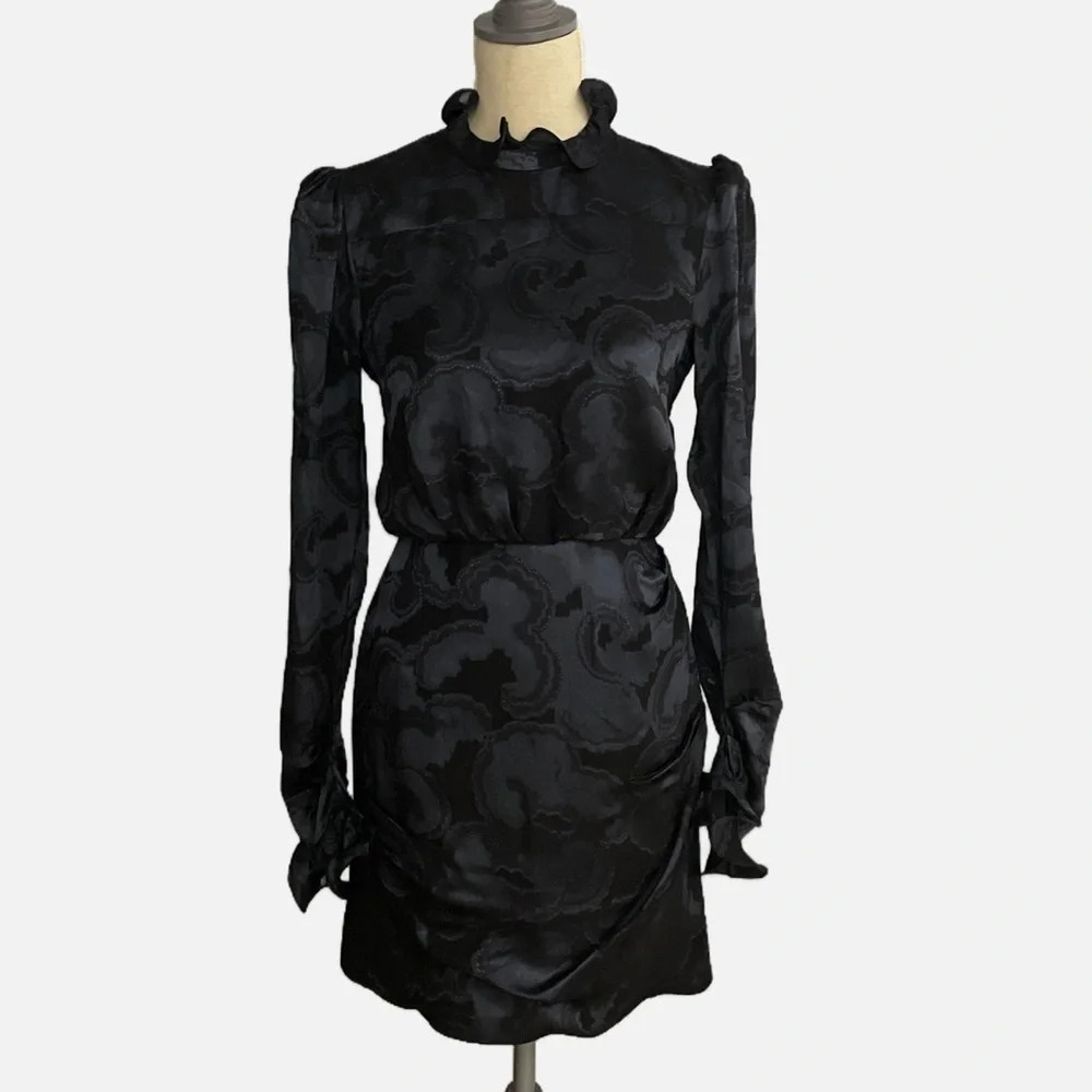 Saloni‎ Floral Print Mini Dress Size US 4 Black Grey Ruffles Long Sleeve Silk